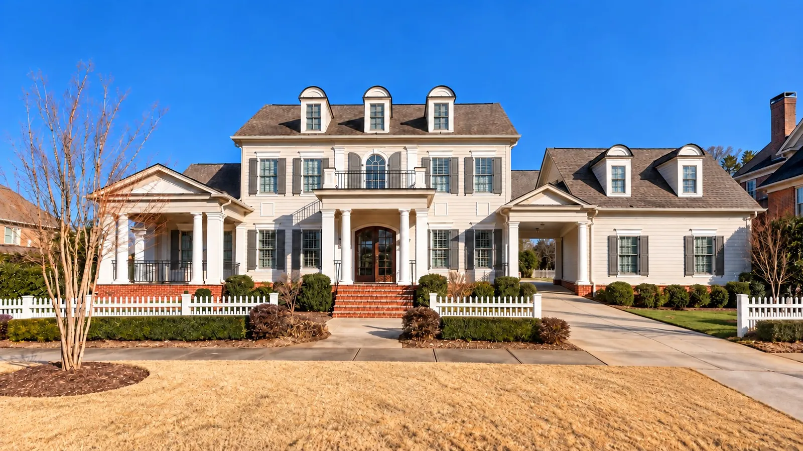 Dark gray composite raised panel shutters, front elevation of a white two-story home – American Shutter Company, serving Roswell, GA 30075